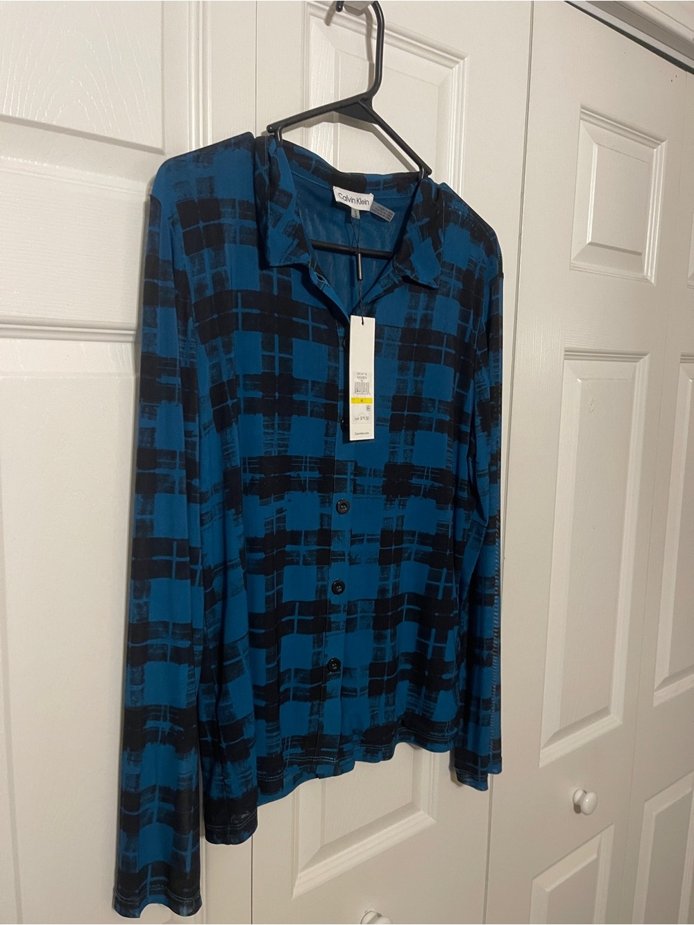 Calvin Klein Men’s Teal Blue and Black Long-Sleeve Button Shirt